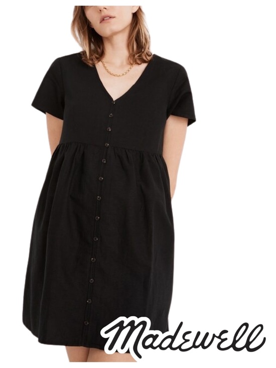 Madewell Dresses & Skirts - Madewell | Black Linen Blend Alexandra Button Front Dress w/ Pockets - Size S
